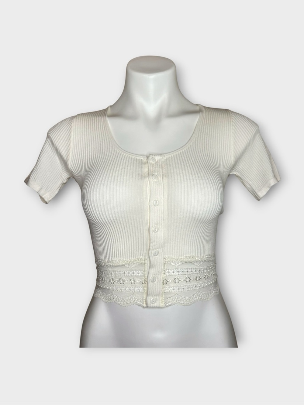 Forever 21 Cream Ribbed Lace Hem Button Up Knit Top